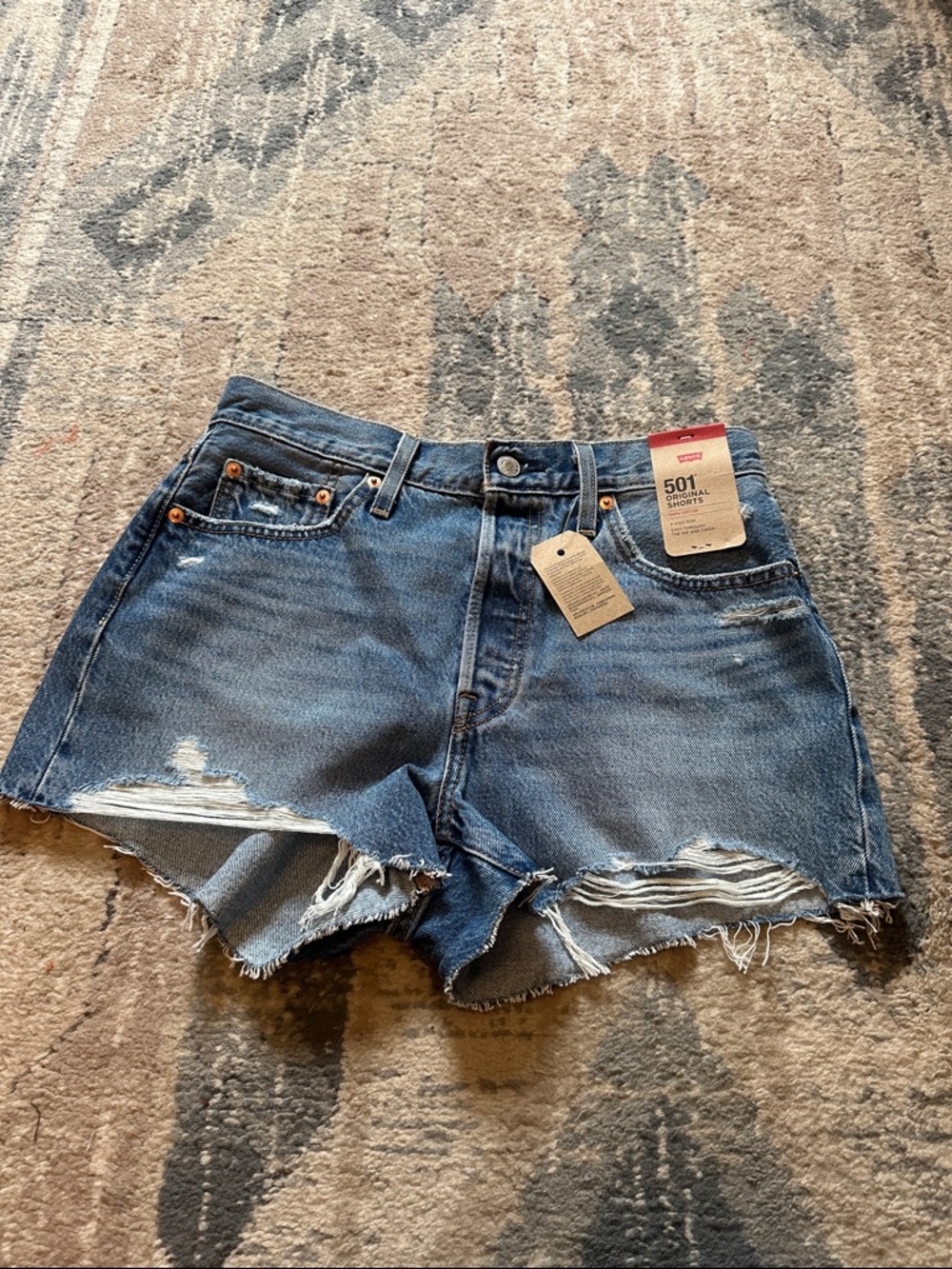 Levi's Blue Distressed 501 Jean Shorts with Frayed Hem